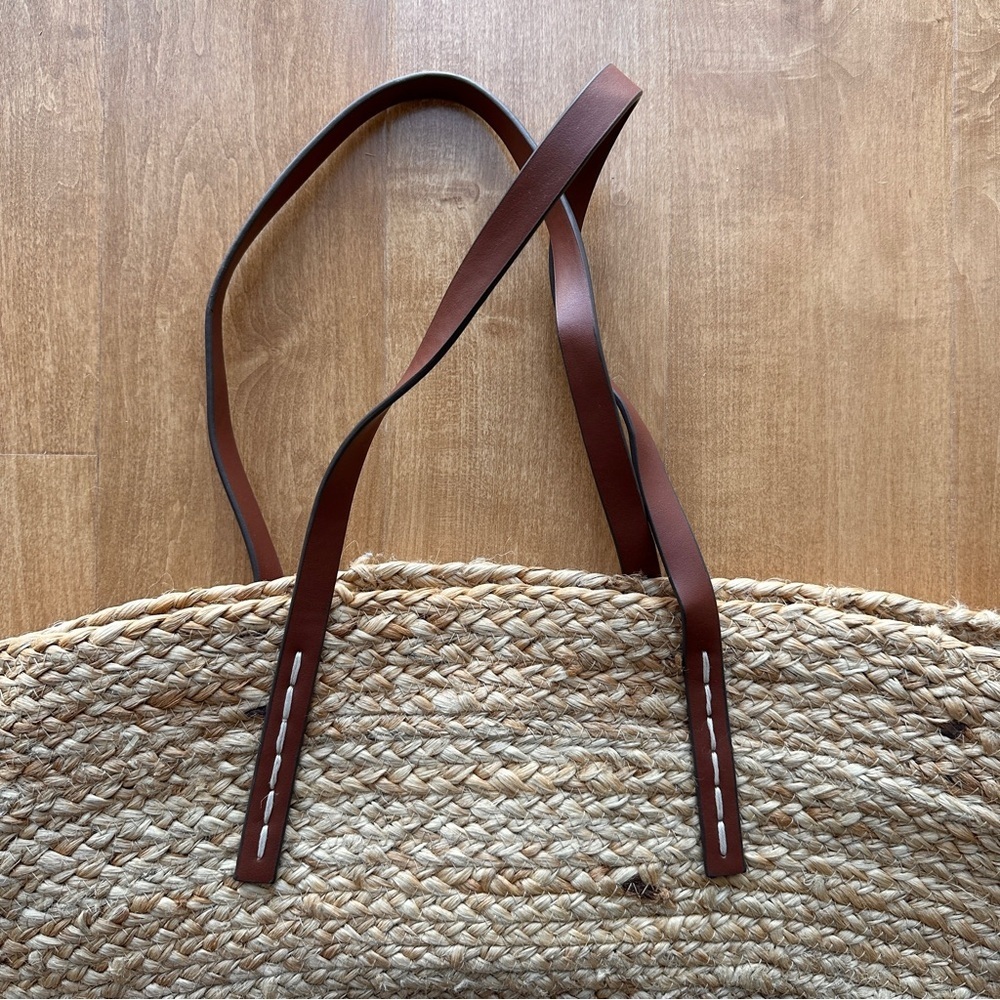 Mango Jute Basket Bag, Large Beach Tote, Drawstring Vacation Leather Handle Bag - Picture 6 of 15